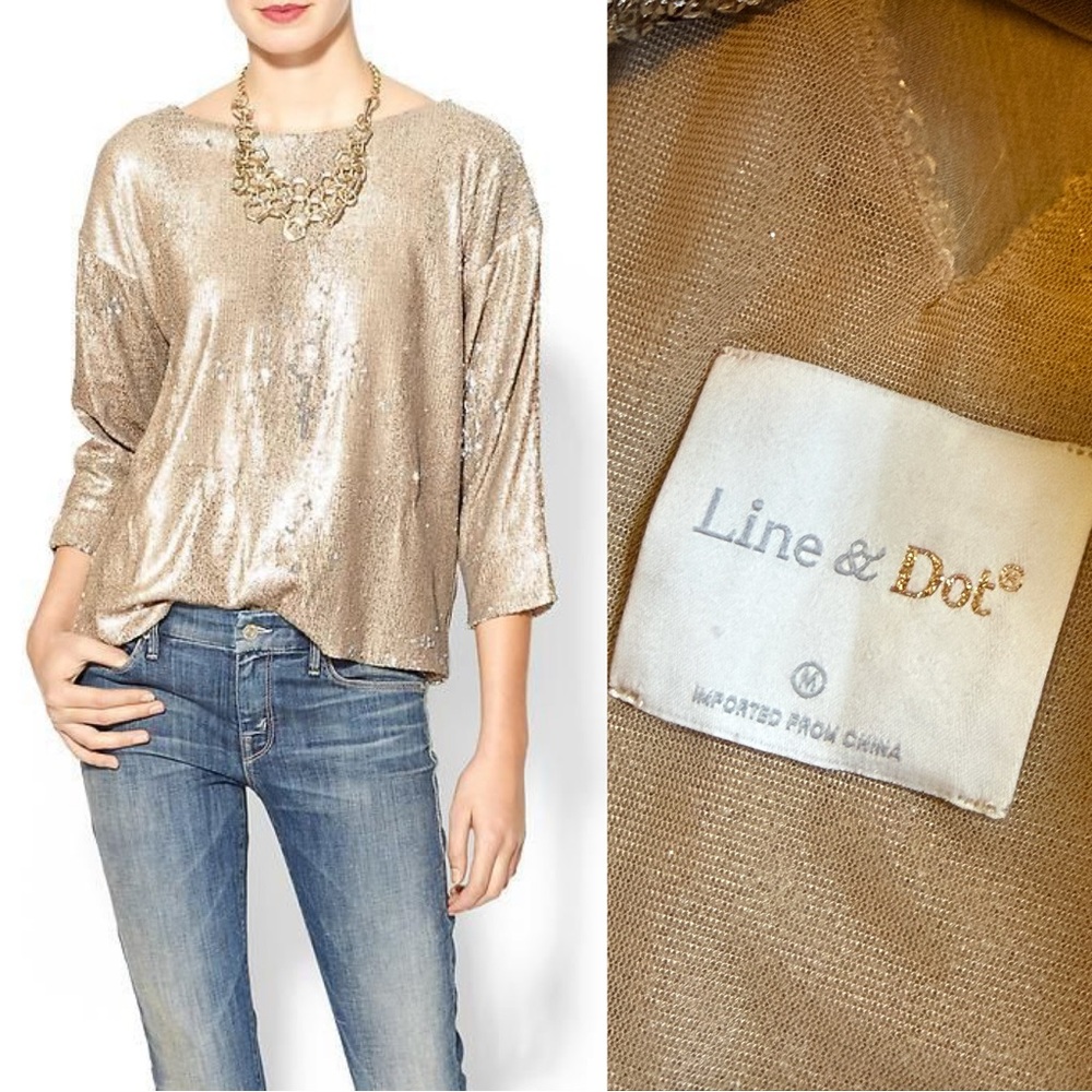 Line & Dot Metallic Gold Sequin Relaxed Top – Size M (NWT)